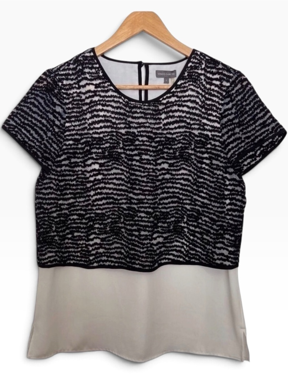 Vince Camuto Mixed Media Blouse Small Black White Crepe Chiffon Office Chic Top